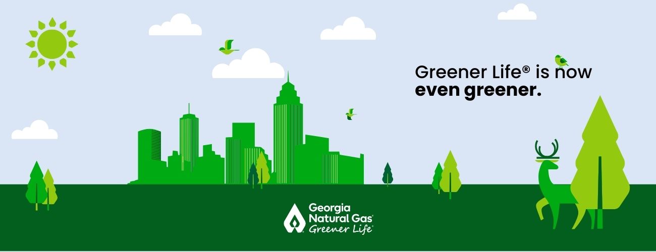 Graphic with text that says Greener Life is now even greener with green Atlanta skyline in front of a blue sky