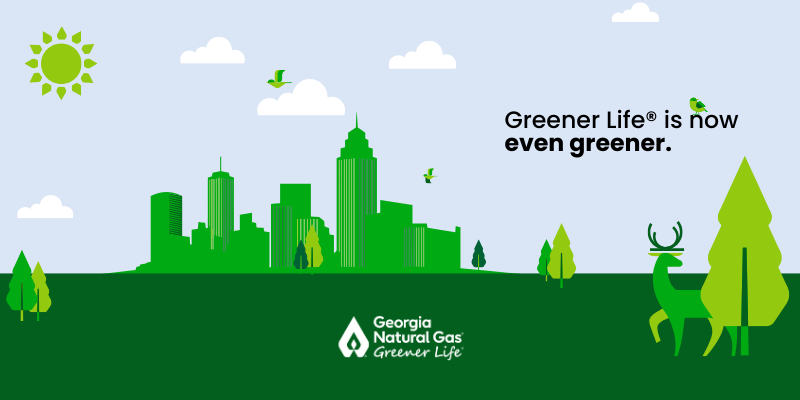 Graphic with text that says Greener Life is now even greener with green Atlanta skyline in front of a blue sky