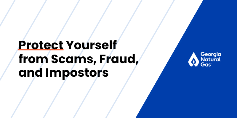 Black text on white stripped background that says Protect Yourself from Scams, Fraud, and Impostors.