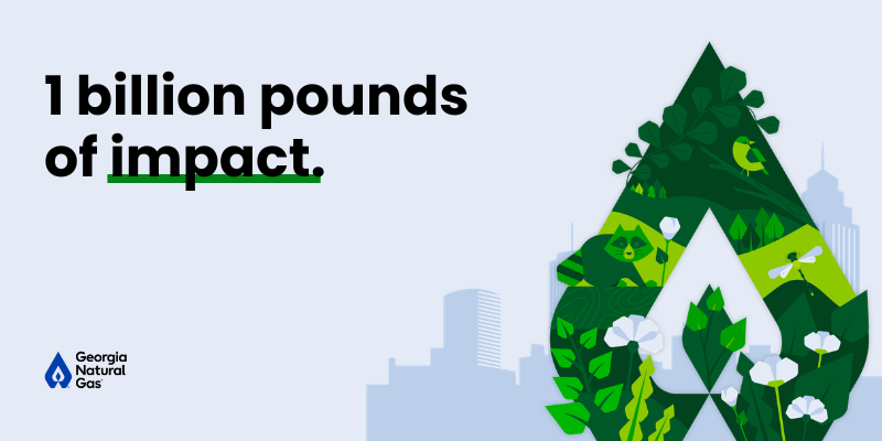 1 billion pounds of impact in black text with an Atlanta city skyline.