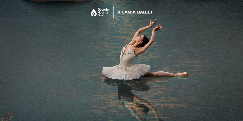 Ballet dancer on a stage with a reflection, GNG and Atlanta Ballet logo
