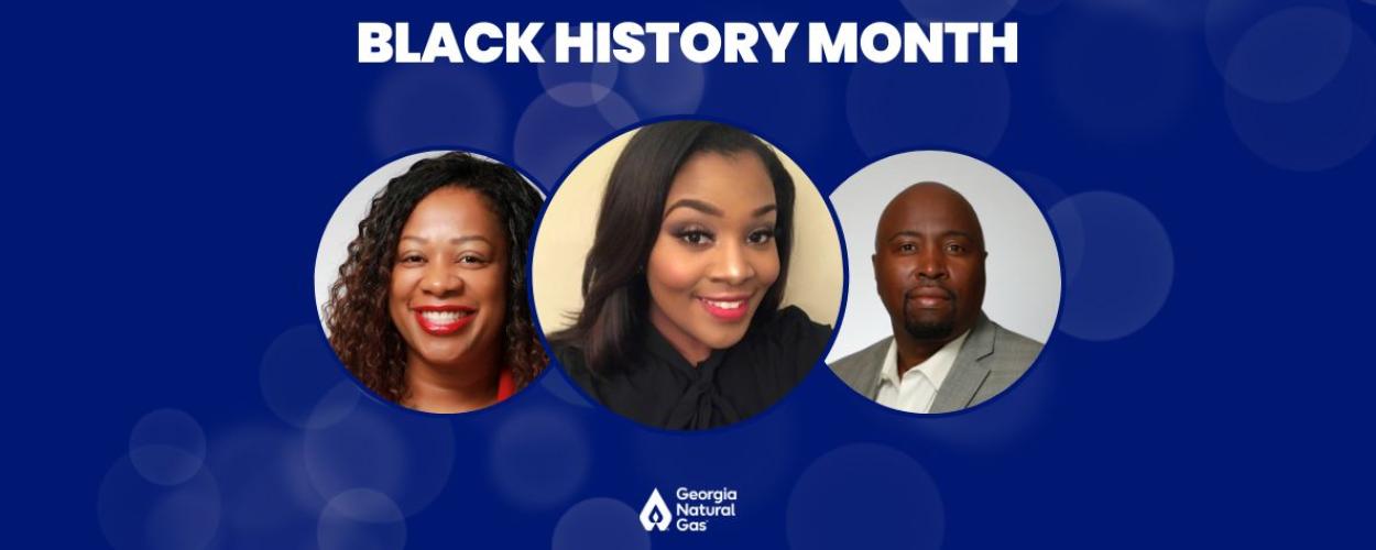 Blue background with three headshots and white text that reads Black History Month