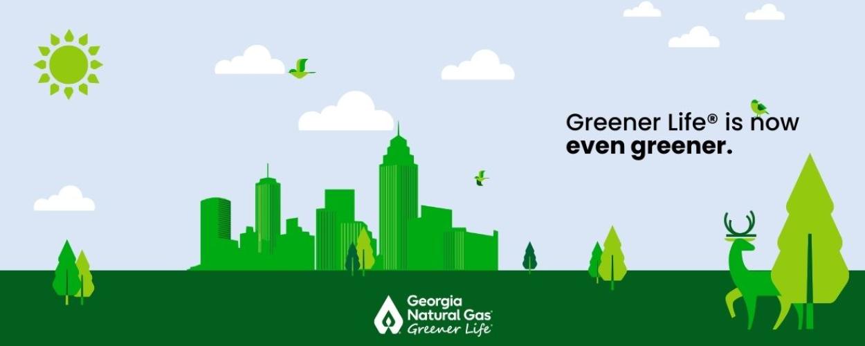 Graphic with text that says Greener Life is now even greener with green Atlanta skyline in front of a blue sky
