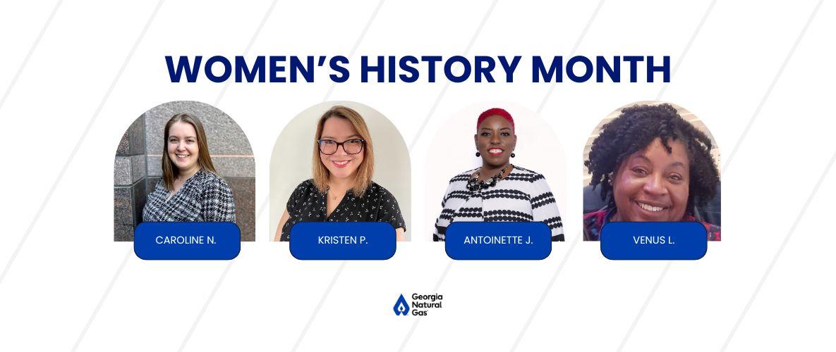 White striped background with 4 headshots and blue text that reads Women's History Month