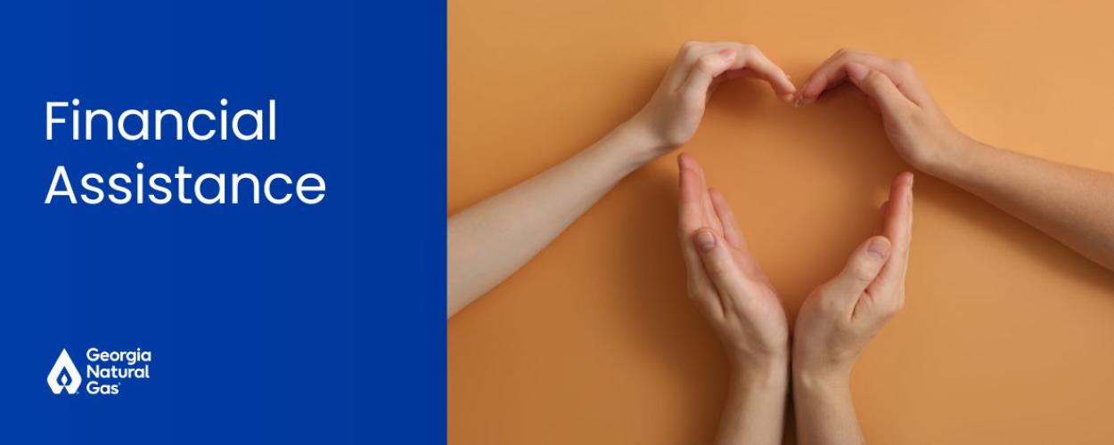 Hands in a heart with white text that says "Financial Assistance"