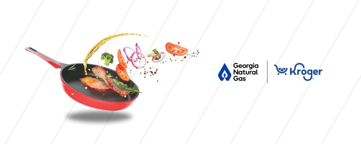 Graphic of food in frying pan with GNG and Kroger logos