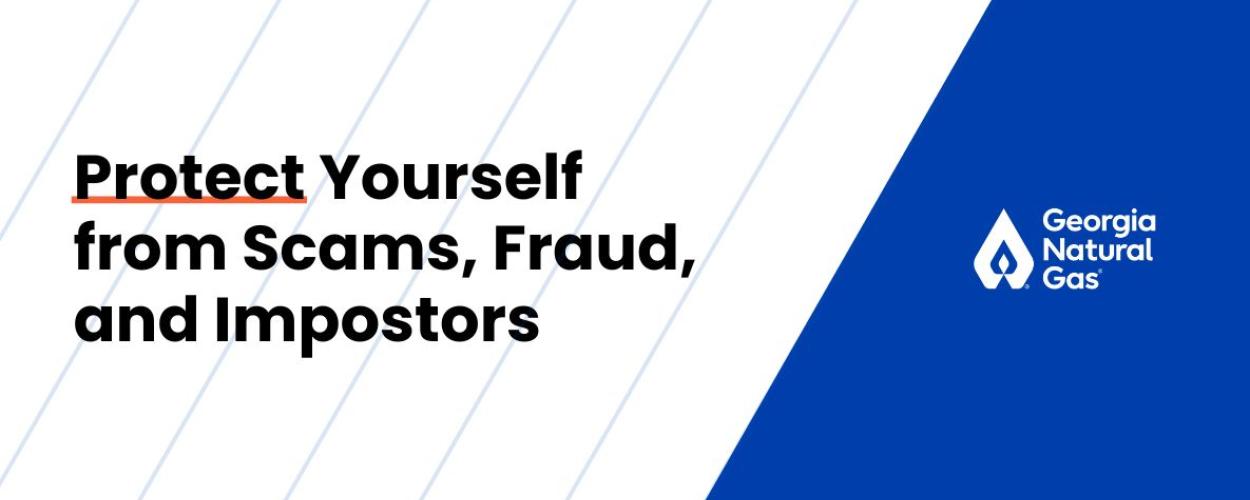 Black text on white stripped background that says Protect Yourself from Scams, Fraud, and Impostors.